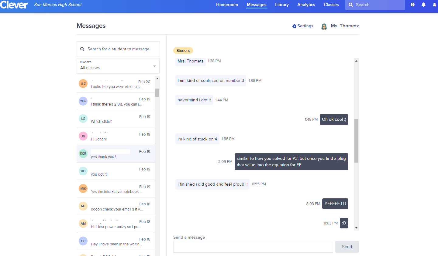 Screenshot of a conversation between a student and a teacher about a math problem. 